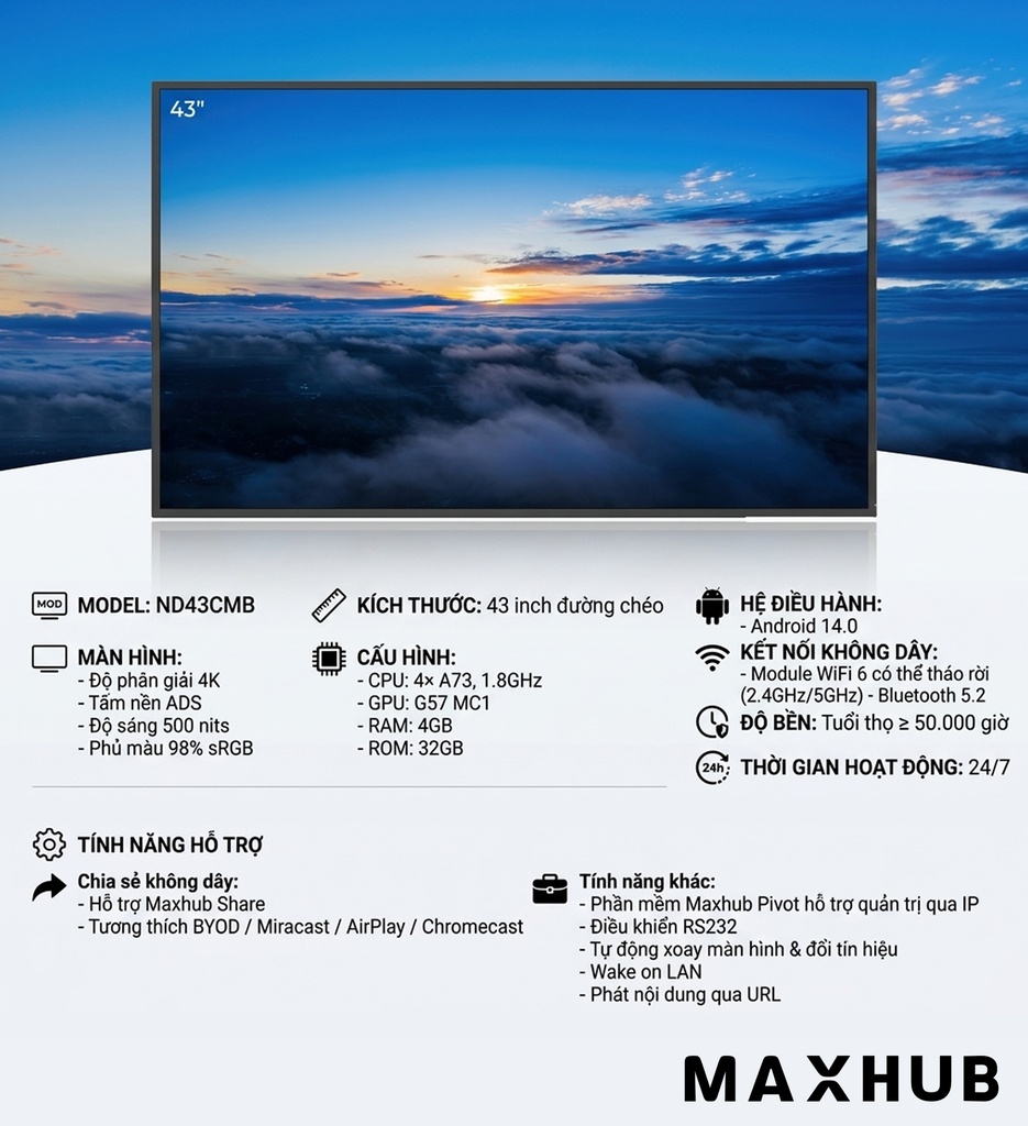 Màn hình chuyên hiển thị MAXHUB ND43CMB (43", 500 nits, 4K UltraHD) - Chính hãng