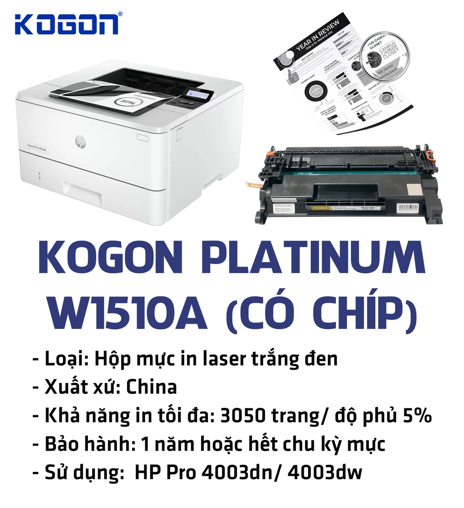 Hộp mực in laser KOGON PLATINUM W1510A (3.05K, black, có chip) - Dùng cho máy Pro 4003dn/ 4003dw