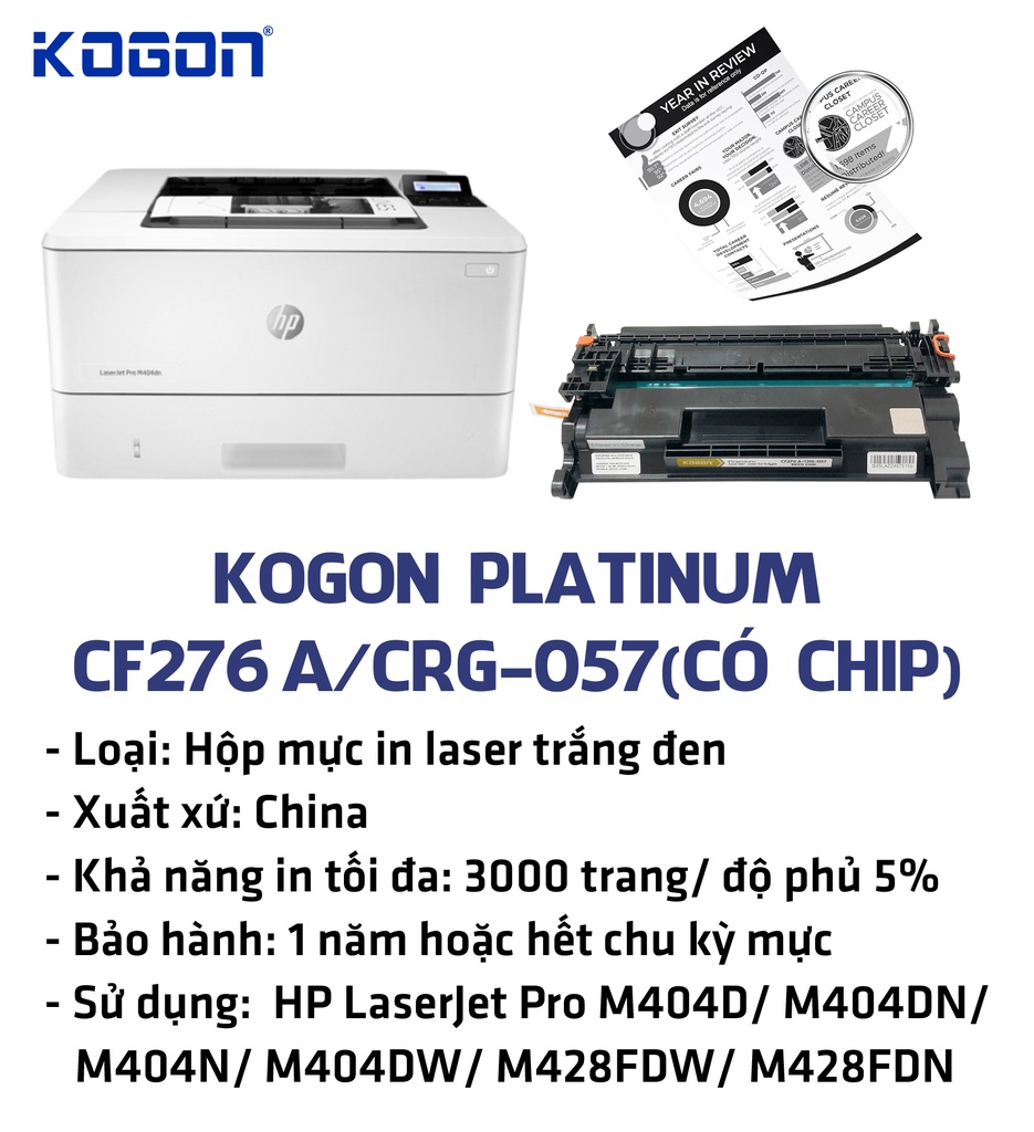 Hộp mực in laser KOGON PLATINUM CF276A/CRG-057 (3K, black, có chíp) - Dùng cho máy Pro M404d/ M404dw * LBP 223dw/ 226dw