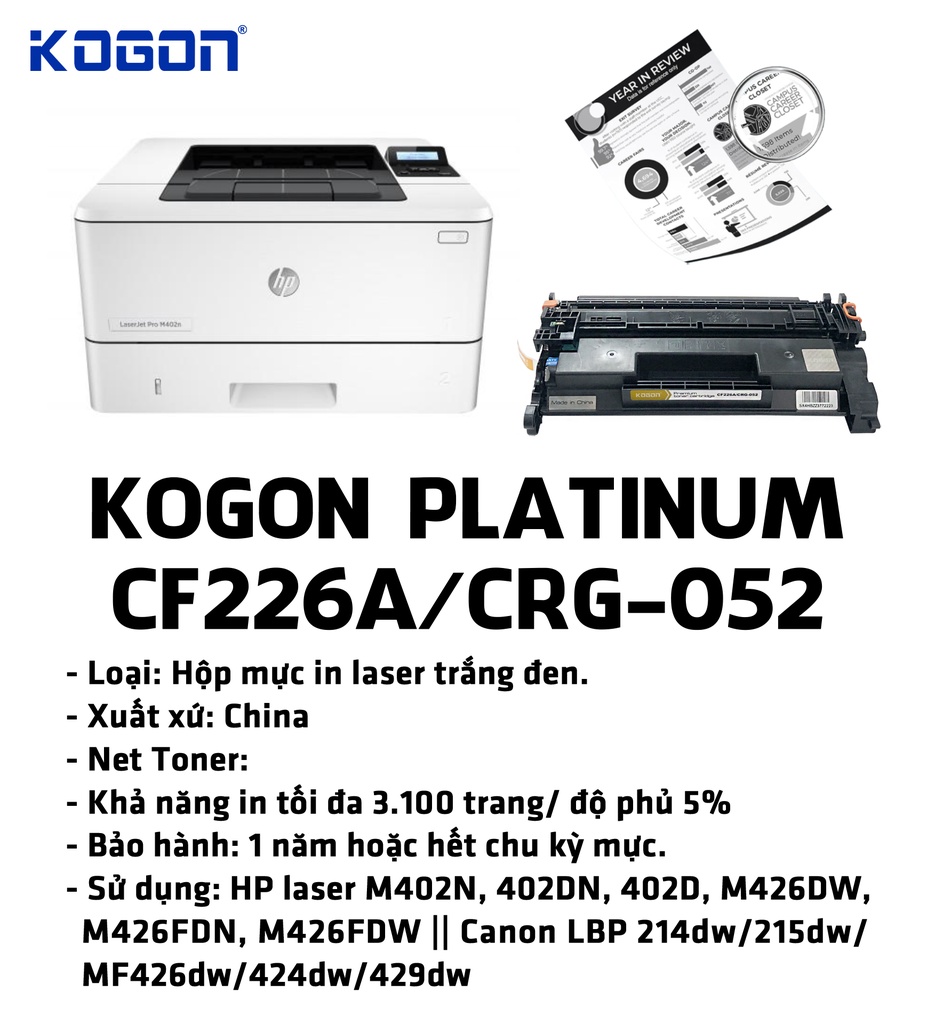 Hộp mực in laser KOGON PLATINUM CF226A/CRG-052 Universal (3.1K, black, có chíp) - Dùng cho máy M402n/ 402d * LBP 214dw/ 215dw