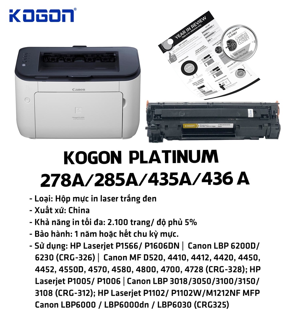 Hộp mực in laser KOGON PLATINUM 278A/285A/435A/436A Universal (2.1K, black, có chíp) - Dùng cho máy  P1005/ 1106 * LBP 6230/ 6200d/ 6000dn