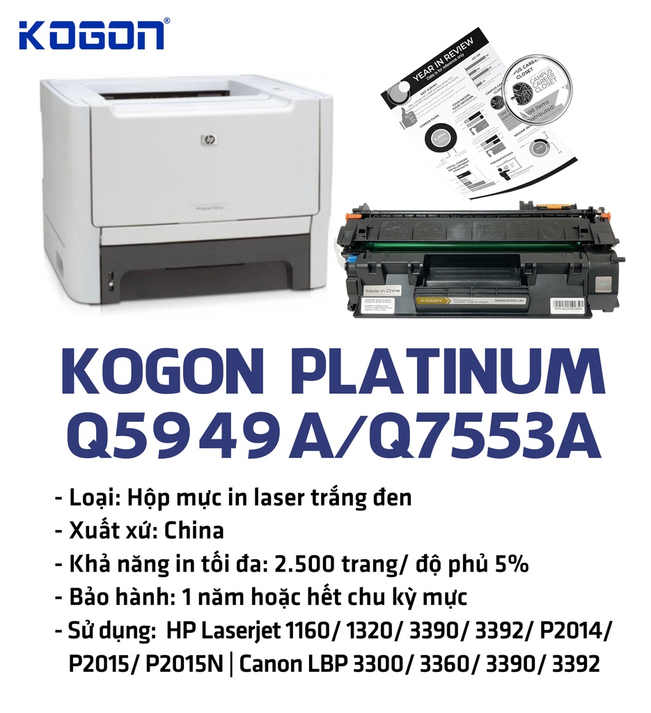 Hộp mực in laser KOGON PLATINUM Q5949A/Q7553A Universal (2.5K, black, có chíp) - Dùng cho máy 1160/ 1320/ P2015 * LBP 3300