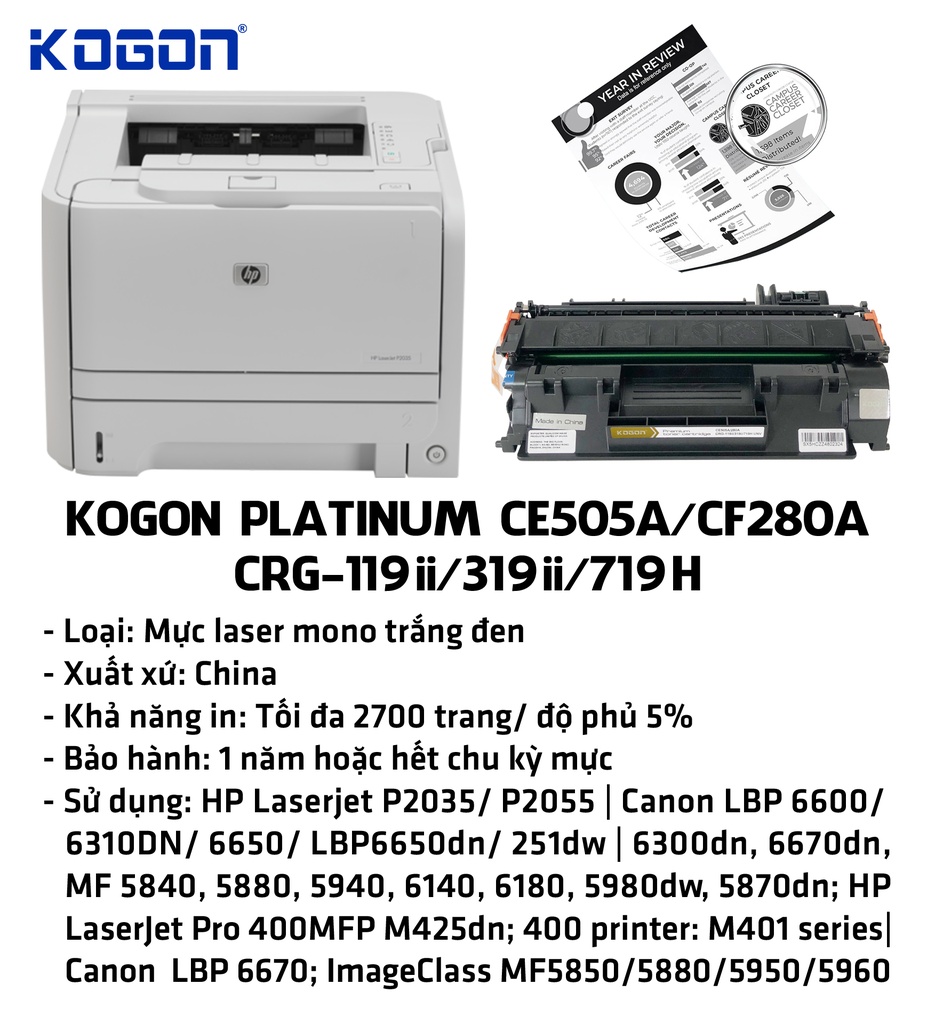 Hộp mực in laser KOGON PLATINUM CE505A/CF280A/CRG-119ii/319ii/719H Universal (2.7K, black, có chíp) - Dùng cho máy P2035/ 2055 * LBP 6300dn/ 6650dn