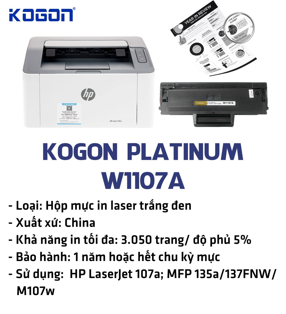 Hộp mực in laser KOGON PLATINUM W1107A (1K, black, có chíp) - Dùng cho máy 107a/ MFP 135a/ 137fnw