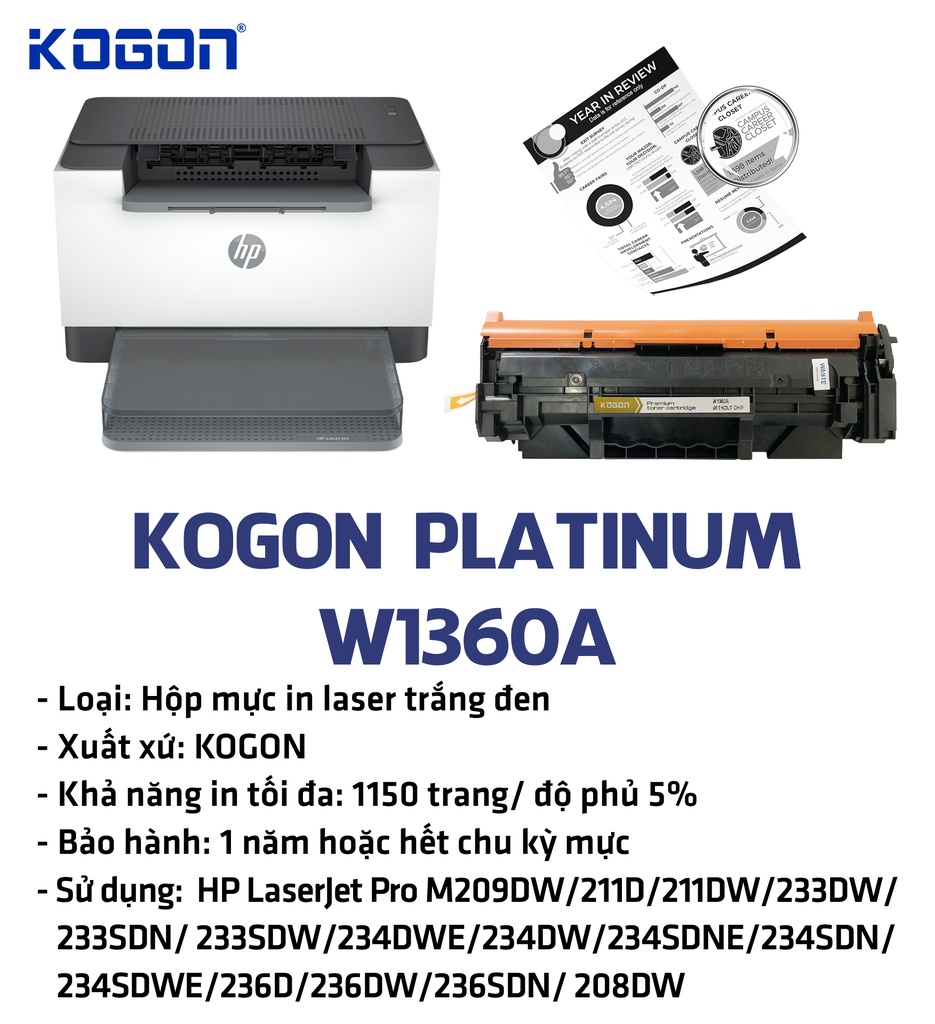 Hộp mực in laser KOGON PLATINUM W1360A (1.15K, black, có chíp) - Dùng cho máy Pro 211d/ 236d/ 208dw