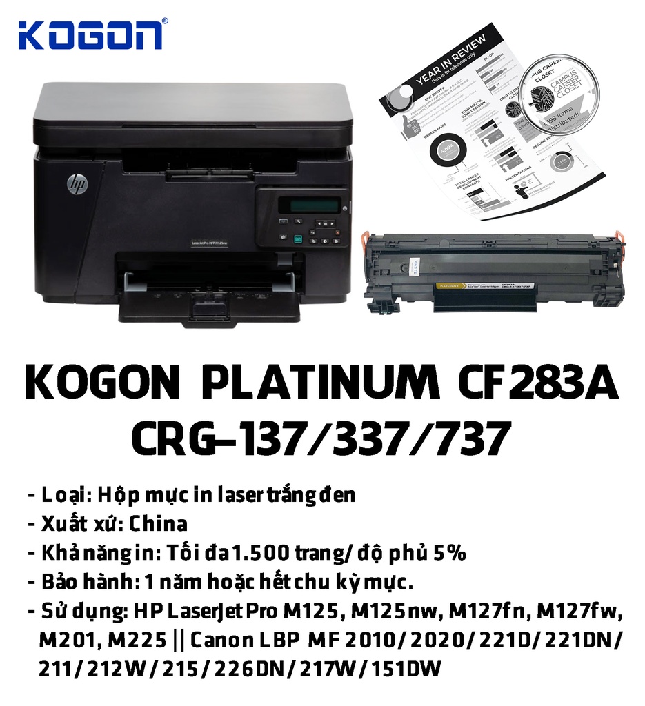 Hộp mực in laser KOGON PLATINUM CF283A/CRG-137/337/737 Universal (1.5K, black, có chíp) - Dùng cho máy Pro M125/ 127fn * LBP 221d/ 151dw