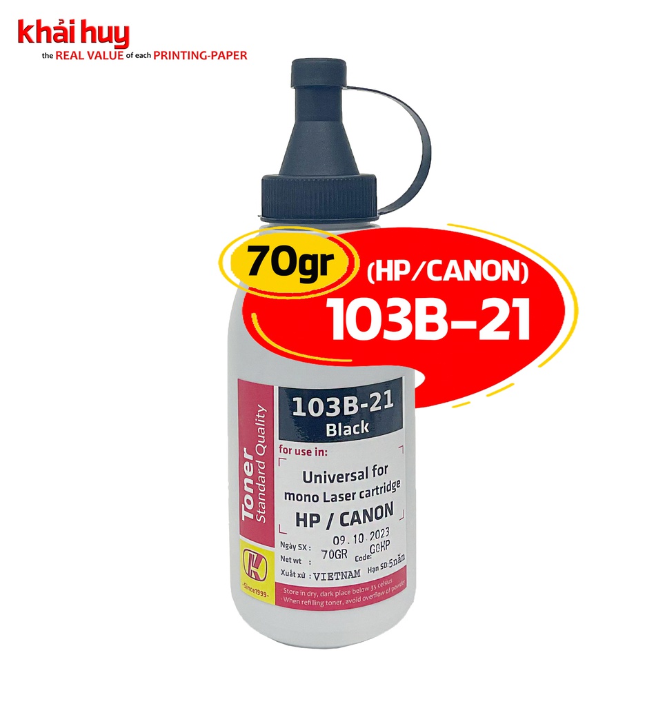 Mực nạp laser KHẢI HUY 103BLK-21 (70gr, black, có từ) - Dùng cho hộp mực máy in P1566/ 1102 * LBP 6230d